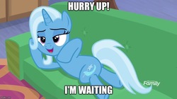 Size: 888x499 | Tagged: safe, edit, edited screencap, screencap, trixie, pony, unicorn, g4, road to friendship, caption, couch, discovery family logo, draw me like one of your french girls, female, image macro, looking back, mare, meme, prone, solo, text