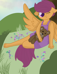 Size: 2550x3300 | Tagged: safe, artist:skyflys, scootaloo, anthro, g4, barefoot, clothes, cute, cutealoo, dress, feet, high res, one eye closed, smiling, teddy bear, wink