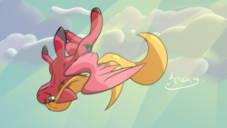 Size: 1280x720 | Tagged: safe, artist:omegapex, oc, oc only, pegasus, pony, cloud, flying, long hair, male, solo, stallion, upside down, wings