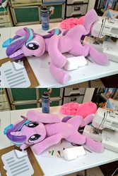 Size: 1024x1530 | Tagged: safe, artist:nekokevin, starlight glimmer, pony, unicorn, series:nekokevin's glimmy, g4, behaving like a cat, cute, female, glimmerbetes, happy, irl, looking at you, lying down, mare, photo, plushie, raised hoof, sewing machine, smiling, solo