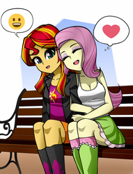 Size: 1110x1450 | Tagged: safe, artist:nekojackun, fluttershy, sunset shimmer, equestria girls, g4, bench, breasts, cleavage, clothes, cute, daaaaaaaaaaaw, emoji, eyes closed, female, heart, lesbian, ship:sunshyne, shipping, sitting, smiling, tank top