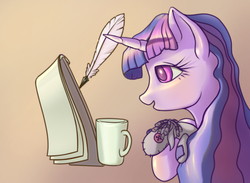 Size: 1890x1383 | Tagged: safe, artist:stratodraw, smarty pants, twilight sparkle, pony, g4, bed mane, feather, female, mare, mug, writing