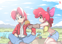 Size: 2339x1654 | Tagged: safe, artist:ryured, apple bloom, oc, bird, duck, human, g4, apple, belly button, belt, blue sky, boots, bow, breasts, busty apple bloom, candied apple, candy apple, canon x oc, clothes, cloud, commission, crossed legs, denim shorts, female, fingerless gloves, food, front knot midriff, gloves, grass, grass field, handkerchief, humanized, jacket, male, midriff, mountain, older, older apple bloom, pants, picnic, pond, poofy hair, shipping, shirt, shoes, shorts, straight