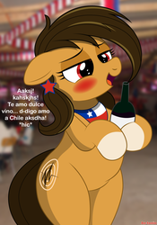 Size: 2796x4000 | Tagged: safe, artist:an-tonio, oc, oc only, oc:chilenia, earth pony, pony, alcohol, bipedal, blushing, chile, chubby, coat markings, drunk, female, floppy ears, holding, mare, nation ponies, open mouth, ponified, smiling, socks (coat markings), solo, spanish, text, wine, wine bottle