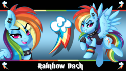 Size: 3840x2160 | Tagged: safe, artist:ciderpunk, rainbow dash, g4, alternate hairstyle, bracelet, choker, clothes, ear piercing, earring, high res, jewelry, looking at you, makeup, piercing, punk, shirt, wallpaper
