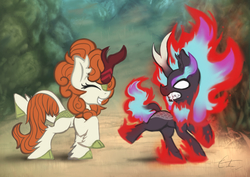 Size: 1280x905 | Tagged: safe, artist:calena, autumn blaze, kirin, nirik, sounds of silence, angry, duo, fire, laughing, mane of fire, simple background