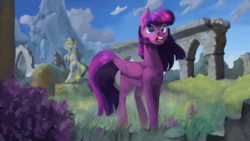 Size: 1500x847 | Tagged: safe, artist:drafthoof, artist:hierozaki, twilight sparkle, alicorn, pony, g4, bucktooth, castle of the royal pony sisters, collaboration, glasses, nerd, nostrils, ruins, scenery, solo, statue, twilight sparkle (alicorn)