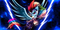 Size: 4800x2400 | Tagged: safe, artist:darksly, rainbow dash, zapp, pegasus, pony, g4, amulet, electric dash, female, flying, high res, jewelry, lightning, mare, mouth hold, power ponies, signature, solo, spread wings, wings