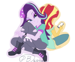Size: 1024x848 | Tagged: safe, artist:dawnbrightglint, starlight glimmer, sunset shimmer, equestria girls, g4, beanie, cellphone, duo, hat, phone, simple background, sitting, smartphone, smiling, transparent background