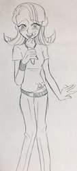 Size: 928x2048 | Tagged: safe, artist:ugmegt, starlight glimmer, human, equestria girls, g4, clothes, female, food, humanized, ice cream, messy eating, monochrome, solo, traditional art