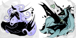 Size: 1653x826 | Tagged: safe, artist:begasus, nightmare moon, queen chrysalis, alicorn, changeling, changeling queen, pony, g4, female, lesbian, mare, ship:chrysmoon, shipping