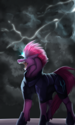 Size: 4232x7000 | Tagged: safe, artist:ssarca-sm, tempest shadow, pony, unicorn, g4, absurd resolution, armor, badass, broken horn, fangs, female, horn, lightning, mare, open mouth, solo, sparking horn, storm, teeth