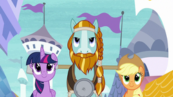 Size: 1280x720 | Tagged: safe, screencap, applejack, rockhoof, twilight sparkle, alicorn, earth pony, pony, a rockhoof and a hard place, g4, beard, braid, clothes, facial hair, female, male, mare, moustache, rockhoof's shovel, stallion, trio, twilight sparkle (alicorn)