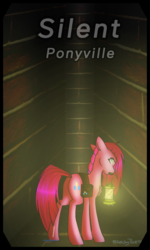 Size: 720x1198 | Tagged: dead source, safe, artist:sketchykohaidraws, pinkie pie, earth pony, pony, fanfic:silent ponyville, g4, cutie mark, female, floppy ears, lantern, looking up, mare, mouth hold, pinkamena diane pie, saddle bag, silent hill, solo