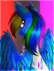 Size: 768x1024 | Tagged: dead source, safe, artist:sketchykohaidraws, rainbow dash, pegasus, pony, fanfic:rainbow factory, g4, abstract background, clothes, female, lab coat, looking at you, mare, narrowed eyes, rainbow factory dash, smiling, solo, spectra, spread wings, wings