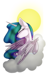 Size: 802x1317 | Tagged: dead source, safe, artist:sketchykohaidraws, princess celestia, alicorn, pony, g4, cloud, eyes closed, female, mare, missing accessory, raised hoof, simple background, solo, spread wings, sun, transparent background, turned head, wings