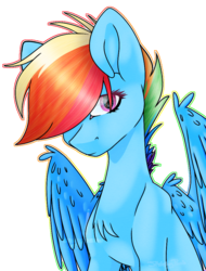 Size: 758x999 | Tagged: safe, artist:sketchykohaidraws, rainbow dash, pegasus, pony, g4, alternate hairstyle, chest fluff, female, hair over one eye, looking at you, mare, simple background, solo, transparent background