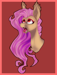 Size: 774x1032 | Tagged: safe, artist:immagoddampony, artist:sketchykohaidraws, fluttershy, bat pony, pony, g4, abstract background, bust, fangs, female, flutterbat, looking up, mare, open collaboration, open mouth, race swap, solo, tongue out