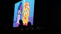 Size: 1280x720 | Tagged: safe, screencap, sci-twi, sunset shimmer, twilight sparkle, equestria girls, g4, i'm on a yacht, my little pony equestria girls: better together, crossed arms, duo, rebecca shoichet, san diego comic con, sdcc 2018, youtube link