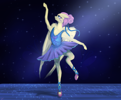 Size: 3366x2768 | Tagged: safe, artist:vinicius040598, fluttershy, pegasus, anthro, g4, alternate hairstyle, ballerina, ballet, clothes, cute, flutterina, graceful, high res, ribbon, shyabetes, spotlight, standing on one leg, tutu