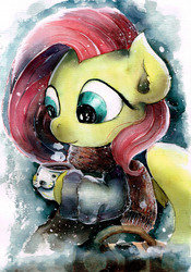 Size: 2394x3425 | Tagged: safe, artist:mashiromiku, fluttershy, pegasus, pony, g4, bundled up for winter, clothes, coffee, cup, cute, female, high res, hoof hold, looking away, looking down, mare, mug, scarf, shyabetes, solo, steam, traditional art, watercolor painting, winter, winter outfit