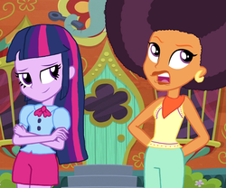 Size: 2636x2193 | Tagged: safe, artist:bigpurplemuppet99, artist:ravenwolf-bases, saffron masala, twilight sparkle, equestria girls, g4, afro, equestria girls-ified, female, high res, lesbian, shipping, the tasty treat, twiffron