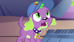 Size: 1280x720 | Tagged: safe, screencap, spike, spike the regular dog, dog, equestria girls, g4, my little pony equestria girls: legend of everfree, cap, hat, male