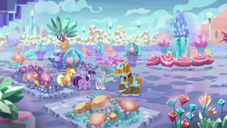 Size: 1280x720 | Tagged: safe, screencap, applejack, mistmane, rockhoof, twilight sparkle, alicorn, earth pony, pony, unicorn, a rockhoof and a hard place, g4, beard, braid, clothes, crystal, crystal empire, crystal flower, ethereal mane, facial hair, female, flower, garden, male, mare, moustache, rockhoof's shovel, stallion, twilight sparkle (alicorn)