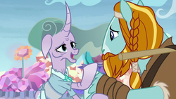 Size: 1280x720 | Tagged: safe, screencap, mistmane, rockhoof, earth pony, pony, unicorn, a rockhoof and a hard place, g4, beard, braid, clothes, crystal, crystal flower, elderly, ethereal mane, facial hair, female, flower, male, mare, moustache, rockhoof's shovel, stallion