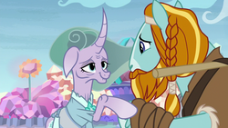 Size: 1280x720 | Tagged: safe, screencap, mistmane, rockhoof, earth pony, pony, unicorn, a rockhoof and a hard place, g4, beard, braid, clothes, crystal, crystal flower, curved horn, duo, elderly, facial hair, female, flower, horn, male, mare, moustache, rockhoof's shovel, stallion