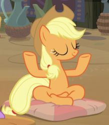 Size: 403x464 | Tagged: safe, screencap, applejack, earth pony, pony, a rockhoof and a hard place, g4, cropped, cute, eyes closed, female, jackabetes, lotus position, mare, meditating, pillow, sitting, solo