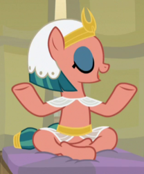 Size: 315x379 | Tagged: safe, screencap, somnambula, pony, a rockhoof and a hard place, g4, cropped, eyes closed, eyeshadow, female, lotus position, makeup, mare, meditating, omnambula, solo