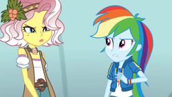 Size: 1920x1080 | Tagged: safe, screencap, rainbow dash, vignette valencia, equestria girls, equestria girls series, g4, rollercoaster of friendship, beauty mark, duo, female, geode of super speed, holly, magical geodes