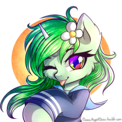 Size: 2000x2000 | Tagged: safe, artist:chaosangeldesu, oc, oc only, oc:cassi marinera, pony, unicorn, clothes, commission, flower, flower in hair, high res, sailor uniform, simple background, smiling, solo, tongue out, transparent background