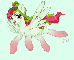 Size: 1412x1152 | Tagged: safe, artist:bestiary, oc, oc only, oc:watermelana, pegasus, pony, flying, freckles, gradient hooves, looking at you, solo, spread wings, wings