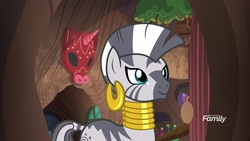 Size: 1920x1080 | Tagged: safe, screencap, zecora, pony, zebra, a rockhoof and a hard place, g4, ear piercing, earring, female, jewelry, mare, neck rings, piercing, smiling, solo