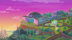 Size: 1280x720 | Tagged: safe, screencap, cherry crash, curly winds, sci-twi, some blue guy, timber spruce, twilight sparkle, wiz kid, equestria girls, equestria girls series, g4, star crossed, architecture, background human, canterlot city, city, dome, hill, planet, planetarium, scenery, sunset