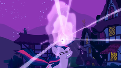 Size: 1280x720 | Tagged: safe, screencap, twilight sparkle, pony, unicorn, boast busters, g4, season 1, eyes closed, female, frown, glowing horn, gritted teeth, horn, magic, magic aura, mare, night, ponyville, solo, sparks, straining, unicorn twilight