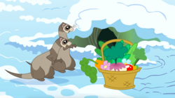Size: 1344x756 | Tagged: safe, screencap, ferret, g4, winter wrap up, animal, basket, carnivore confusion, carrot, duo, flower, food, herbivore, open mouth, snow, turnip, vegetables