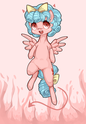 Size: 600x867 | Tagged: safe, artist:misukitty, cozy glow, devil, pegasus, pony, g4, school raze, devil tail, female, filly, floating horn, horn, looking at you, simple background, solo