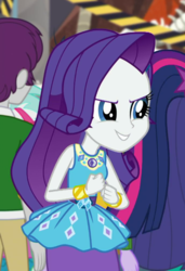 Size: 459x671 | Tagged: safe, screencap, indigo wreath, rarity, sci-twi, twilight sparkle, equestria girls, g4, my little pony equestria girls: better together, school of rock, cropped, evil grin, geode of shielding, grin, offscreen character, smiling, smirk