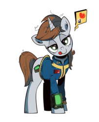 Size: 1950x2400 | Tagged: safe, artist:iiapiiiubbiu, oc, oc only, oc:littlepip, pony, unicorn, fallout equestria, clothes, cutie mark, fanfic, fanfic art, female, hooves, horn, i can't believe it's not idw, implied lesbian, implied shipping, jumpsuit, looking at you, love, mare, open mouth, pictogram, pipbuck, simple background, solo, teeth, tongue out, transparent background, vault suit, weapon
