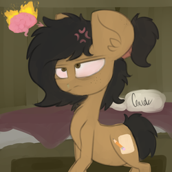 Size: 3000x3000 | Tagged: safe, artist:claudearts, oc, oc only, oc:sketcher, pony, bed, blanket, brain, butt freckles, cross-popping veins, cutie mark, ear freckles, emanata, fire, freckles, high res, pillow, reddened eyes, runny nose, sick, snot, solo