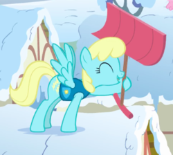 Size: 361x324 | Tagged: safe, screencap, sassaflash, pegasus, pony, g4, winter wrap up, background pony, cropped, dexterous hooves, eyes closed, female, hoof hold, mare, snow, snow shovel, solo focus, spread wings, weather team, wings, winter wrap up song, winter wrap up vest
