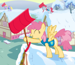 Size: 580x503 | Tagged: safe, screencap, cloud kicker, dizzy twister, orange swirl, ski doo, pegasus, pony, g4, season 1, winter wrap up, background pony, cropped, eyes closed, female, house, mare, snow, snow shovel, spread wings, weather team, wings, winter wrap up song, winter wrap up vest