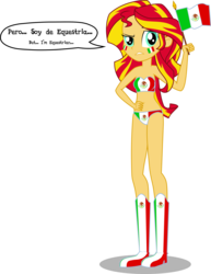 Size: 6141x7939 | Tagged: safe, artist:toonalexsora007, sunset shimmer, equestria girls, g4, absurd resolution, boots, bra, clothes, dialogue, female, flag, mexican, mexican flag, panties, shoes, simple background, solo, spanish, text bubbles, transparent background, underwear, vector