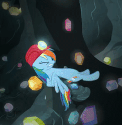 Size: 310x319 | Tagged: safe, edit, screencap, rainbow dash, pegasus, pony, g4, the end in friend, animated, cropped, eyes closed, female, gem, gem cave, helmet, mare, mining helmet, misleading thumbnail, out of context, solo, stalagmite, unfortunate implications