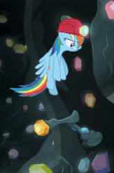 Size: 266x404 | Tagged: safe, edit, screencap, rainbow dash, pegasus, pony, g4, the end in friend, animated, cropped, female, gem, gem cave, helmet, jumping, mare, mining helmet, solo