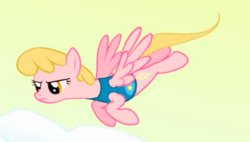 Size: 468x266 | Tagged: safe, screencap, honey rays, pegasus, pony, g4, winter wrap up, background pony, cropped, female, flying, mare, narrowed eyes, solo, weather team, winter wrap up vest