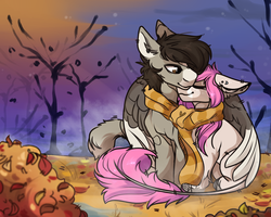 Size: 1280x1024 | Tagged: safe, artist:sweet_goat21, oc, oc only, oc:tarot, oc:xor, classical unicorn, pony, sphinx, unicorn, autumn, clothes, cloven hooves, cold, couple, cuddling, cute, detailed background, ear piercing, female, floppy ears, fluffy, hooves, horn, interspecies, leaves, leonine tail, long tail, male, mare, night, oc x oc, piercing, romantic, scarf, shipping, smiling, snuggling, sphinx oc, straight, taror, tree, unshorn fetlocks, wings